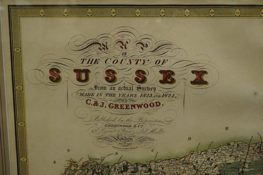 Greenwood and Co, coloured engraved map of The County Sussex, engraved by H. Frost, publ. 4th July 1829, 59 x 70cm. Condition - fair